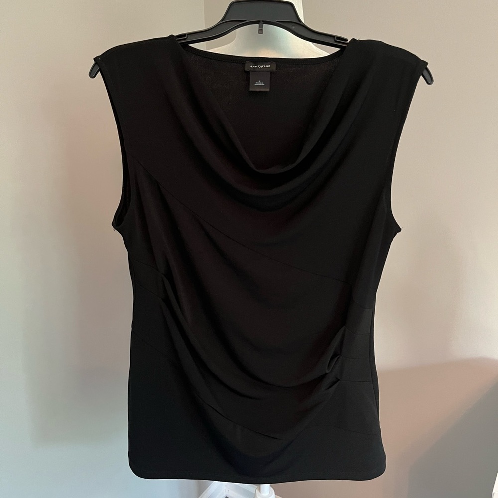 Ann Taylor black sleeveless drape neck ruched side career blouse top